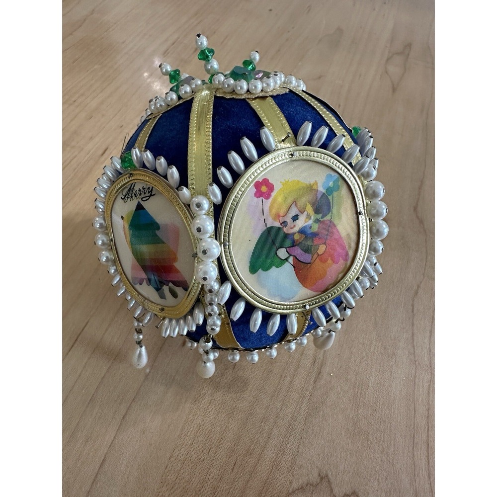 Rare Vtg Christmas Ornament Holographic Push Pin Sequin Velvet Pearls Hand Made